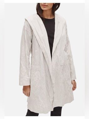 Eileen Fisher Bone Organic Cotton Steel Hooded Wrap-Style Long Jacket Size M